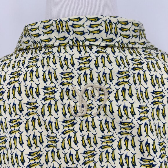 Joe Marlin Mens Large Short-Sleeve Button-Up Shirt Marlin Fish Print Yellow Blue - Picture 7 of 8